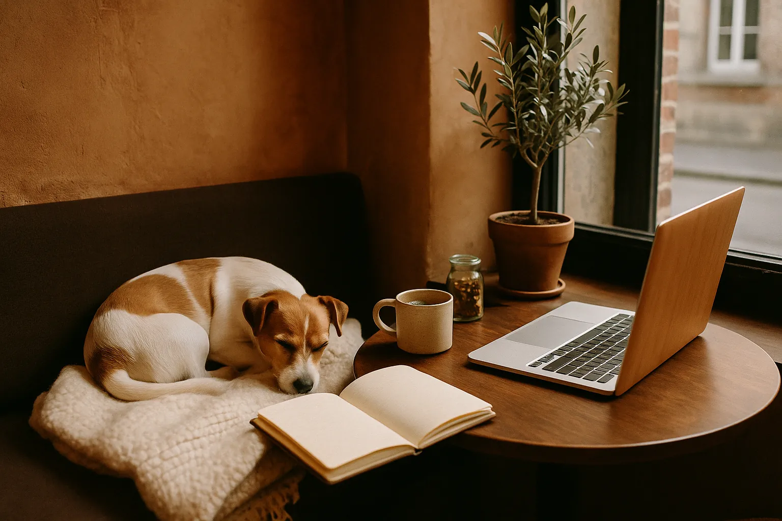 Coin cosy avec chien, carnet et thé — ambiance dog-friendly et laptop-friendly chez LÜM, Vieux-Lille
