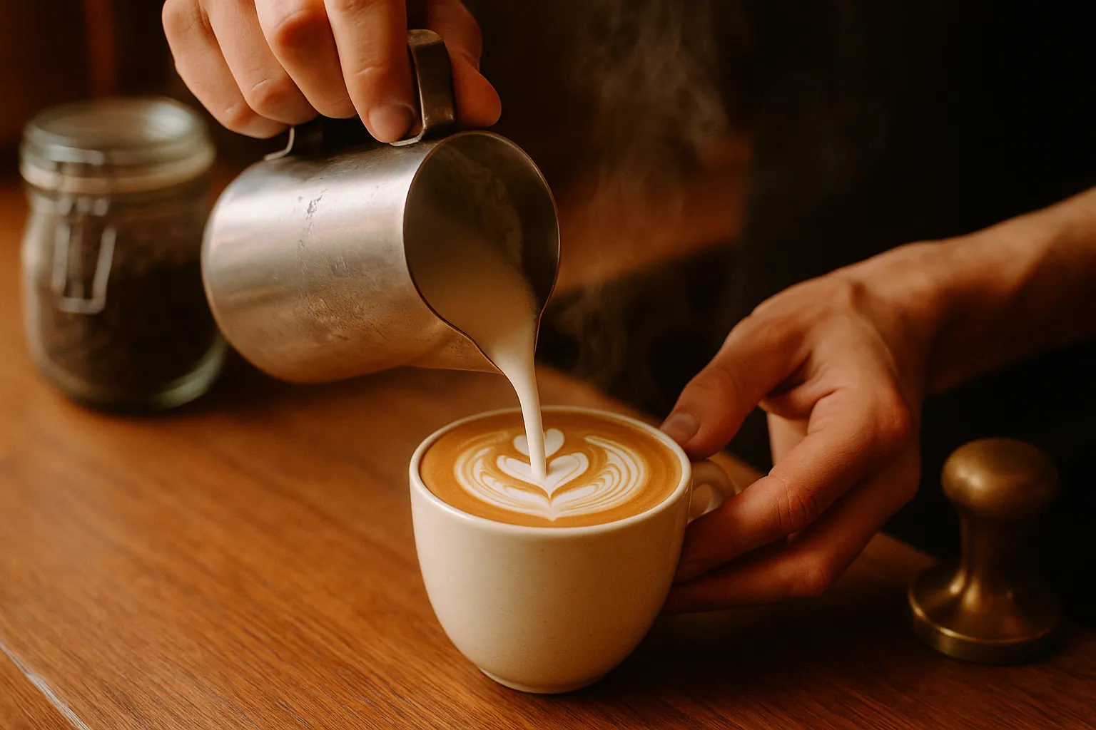 Latte art versé sur un flat white — café de spécialité, LÜM Coffee Shop, Vieux-Lille